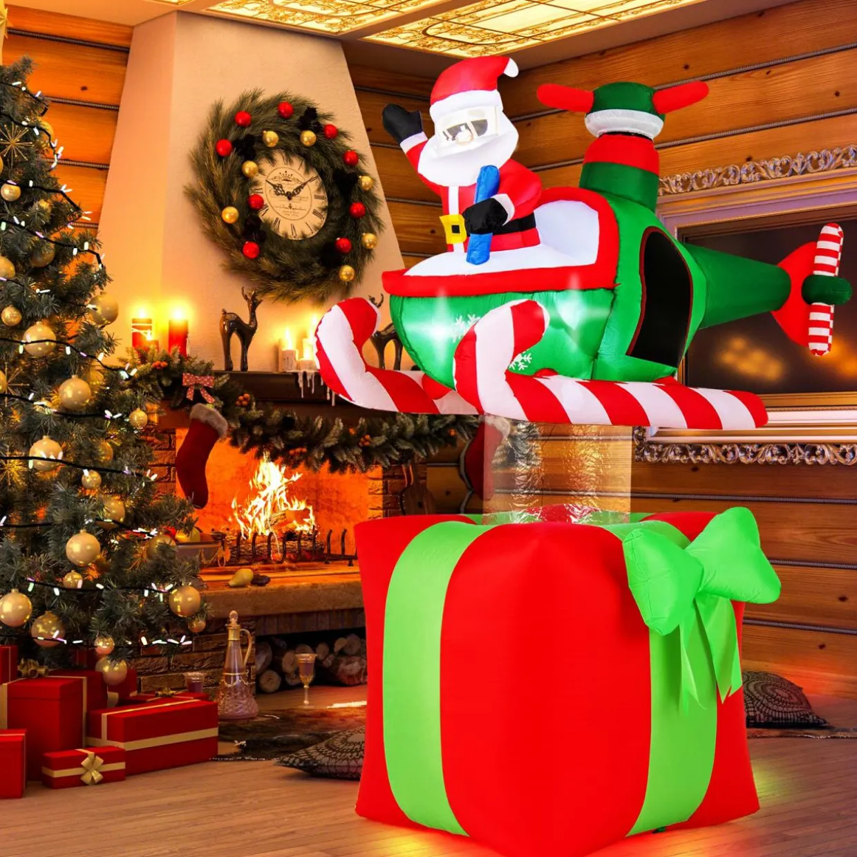 Tangkula 6 FT Christmas Inflatable Santa Claus Flying Helicopter on Gift Box