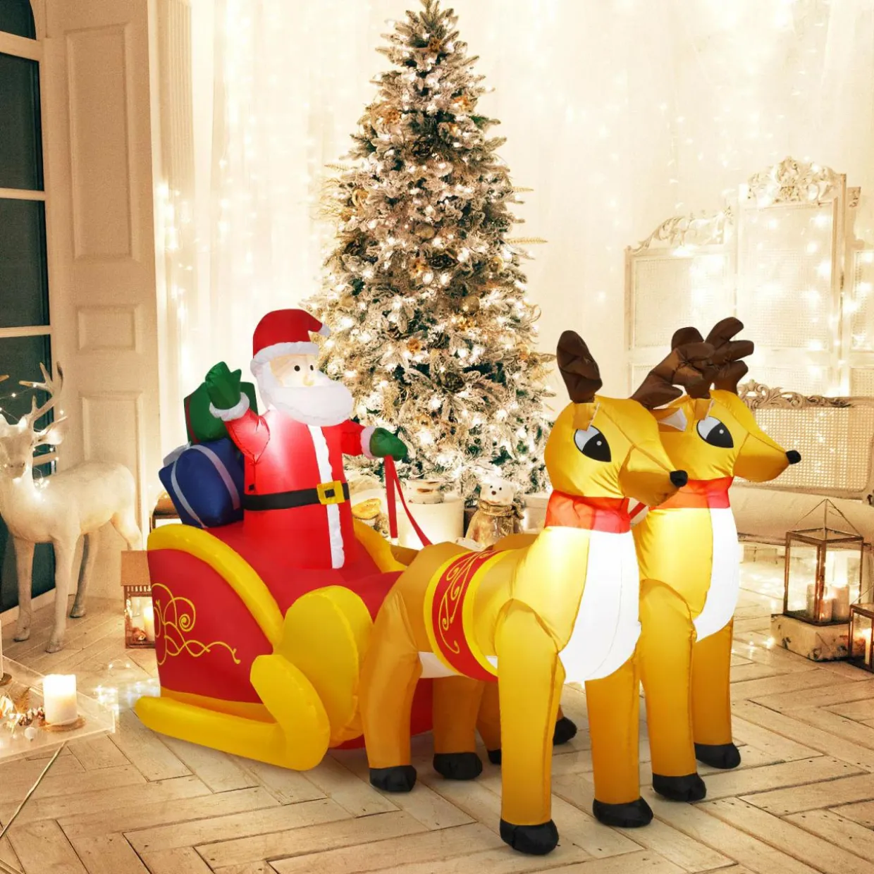 Tangkula 7.5 FT Christmas Inflatable Lighted Santa Claus on Sleigh with Reindeers & Gift Boxes