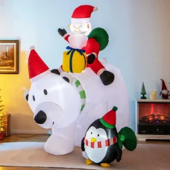 Tangkula 7.5 FT Christmas Inflatable Polar Bear, Blow up Santa Claus Riding Bear with Penguin, Gift Bags & Gift Box
