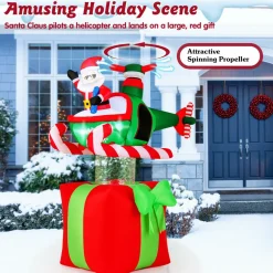 Tangkula 6 FT Christmas Inflatable Santa Claus Flying Helicopter on Gift Box