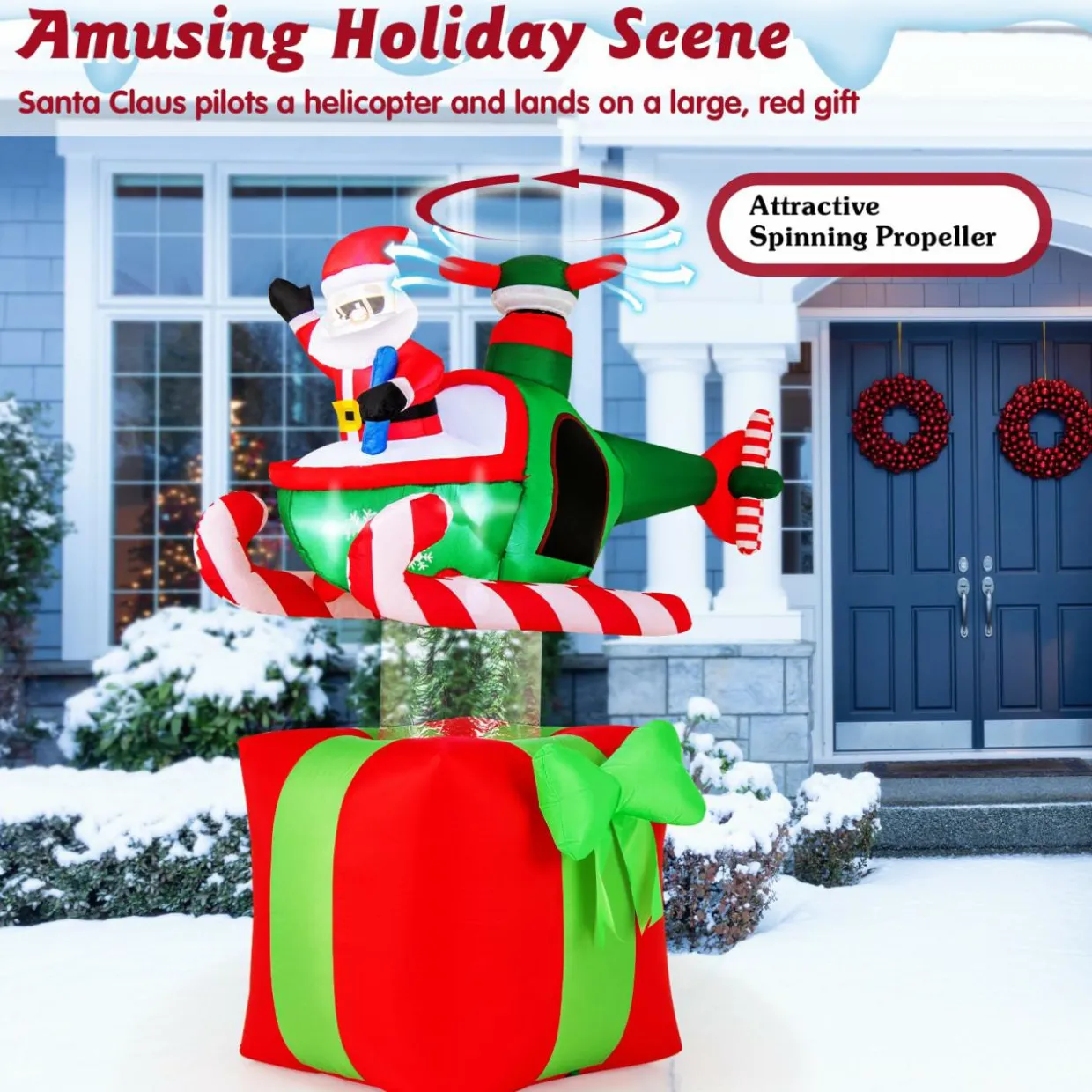 Tangkula 6 FT Christmas Inflatable Santa Claus Flying Helicopter on Gift Box