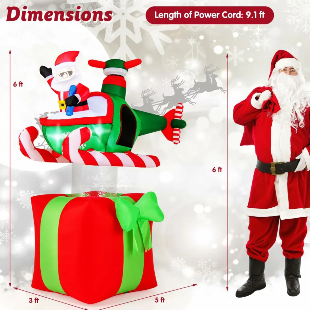 Tangkula 6 FT Christmas Inflatable Santa Claus Flying Helicopter on Gift Box