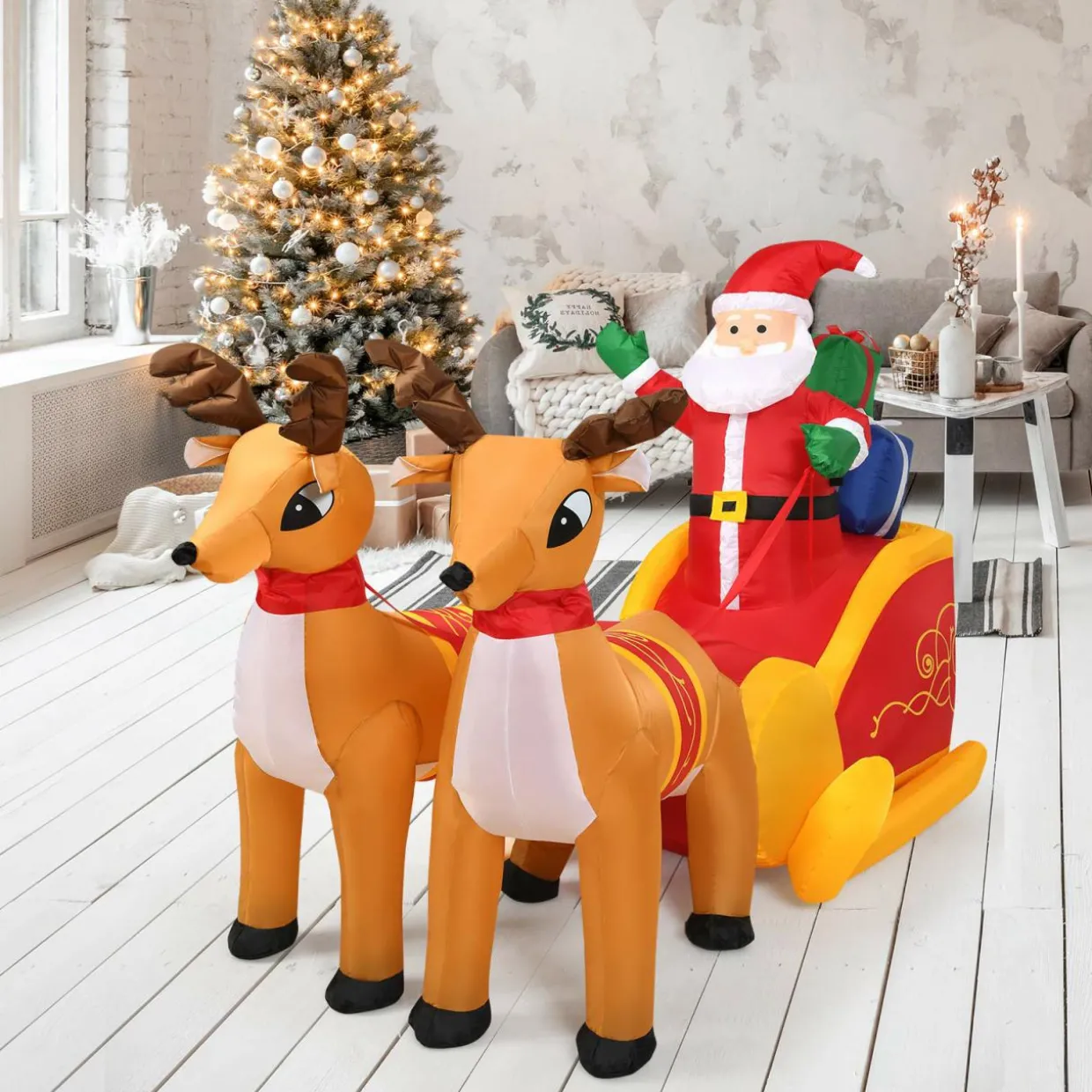 Tangkula 7.5 FT Christmas Inflatable Lighted Santa Claus on Sleigh with Reindeers & Gift Boxes