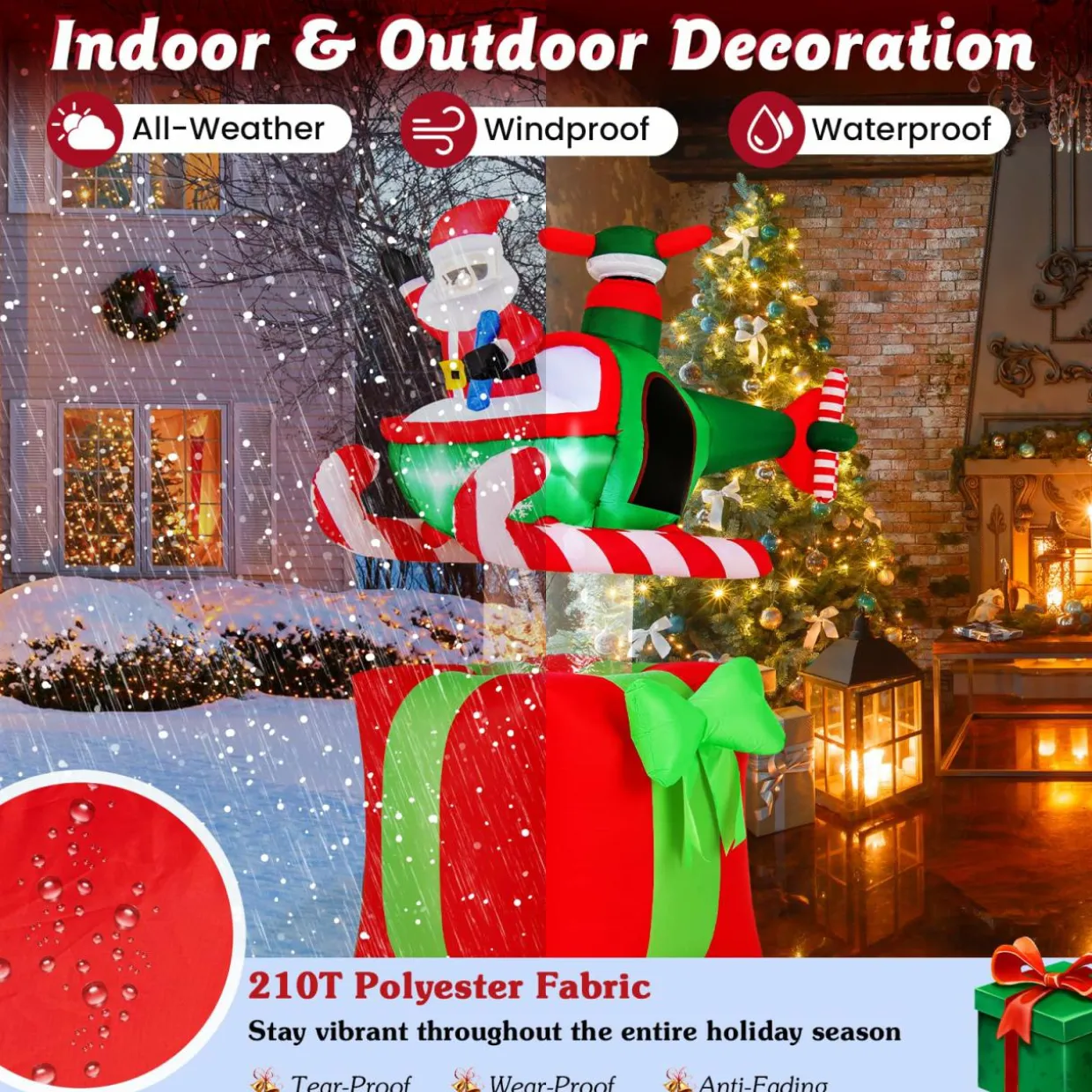 Tangkula 6 FT Christmas Inflatable Santa Claus Flying Helicopter on Gift Box