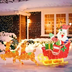 Tangkula 5 FT Christmas Lighted Reindeers with Santa Claus Sleigh, Outdoor Light-up Xmas Decoration Set with 239 LED Lights