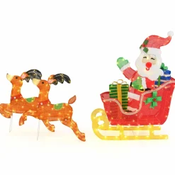 Tangkula 5 FT Christmas Lighted Reindeers with Santa Claus Sleigh, Outdoor Light-up Xmas Decoration Set with 239 LED Lights