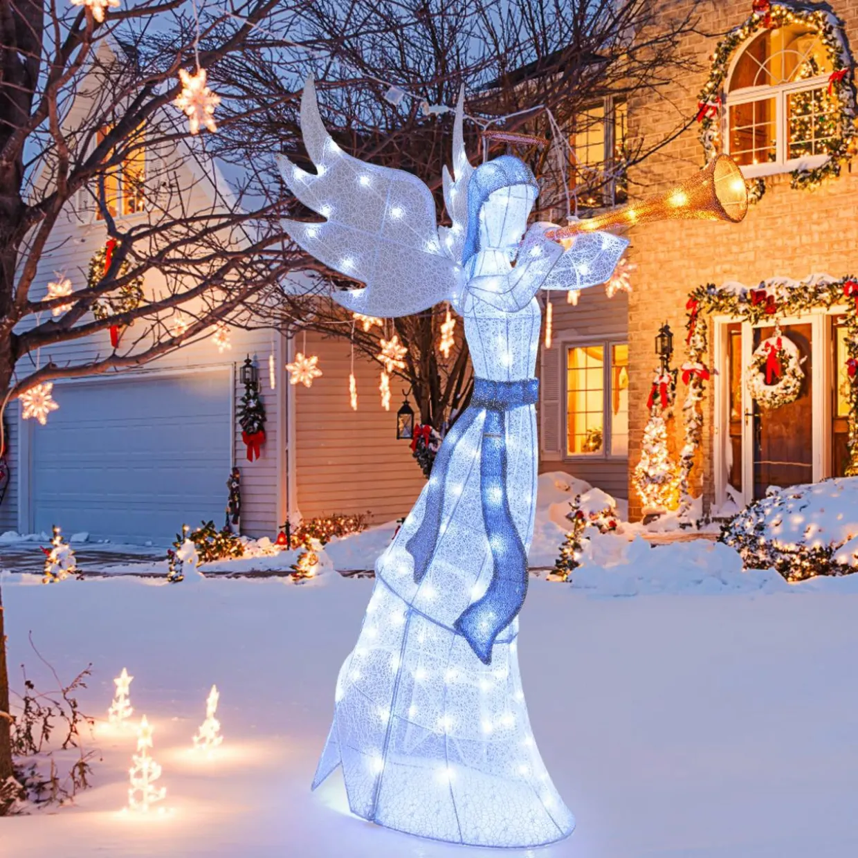 Tangkula 5 FT Christmas Lighted Angel with Trumpet, Outdoor Xmas Pre-Lit Angel with Halo