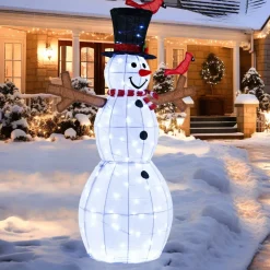 Tangkula 4.8 FT Christmas Lighted Snowman with Red Birds, Indoor/Outdoor Pre-Lit Xmas Snowman with 120 LED Lights