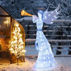 Tangkula 5 FT Christmas Lighted Angel with Trumpet, Outdoor Xmas Pre-Lit Angel with Halo