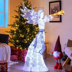 Tangkula 5 FT Christmas Lighted Angel with Trumpet, Outdoor Xmas Pre-Lit Angel with Halo