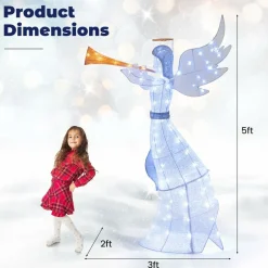 Tangkula 5 FT Christmas Lighted Angel with Trumpet, Outdoor Xmas Pre-Lit Angel with Halo