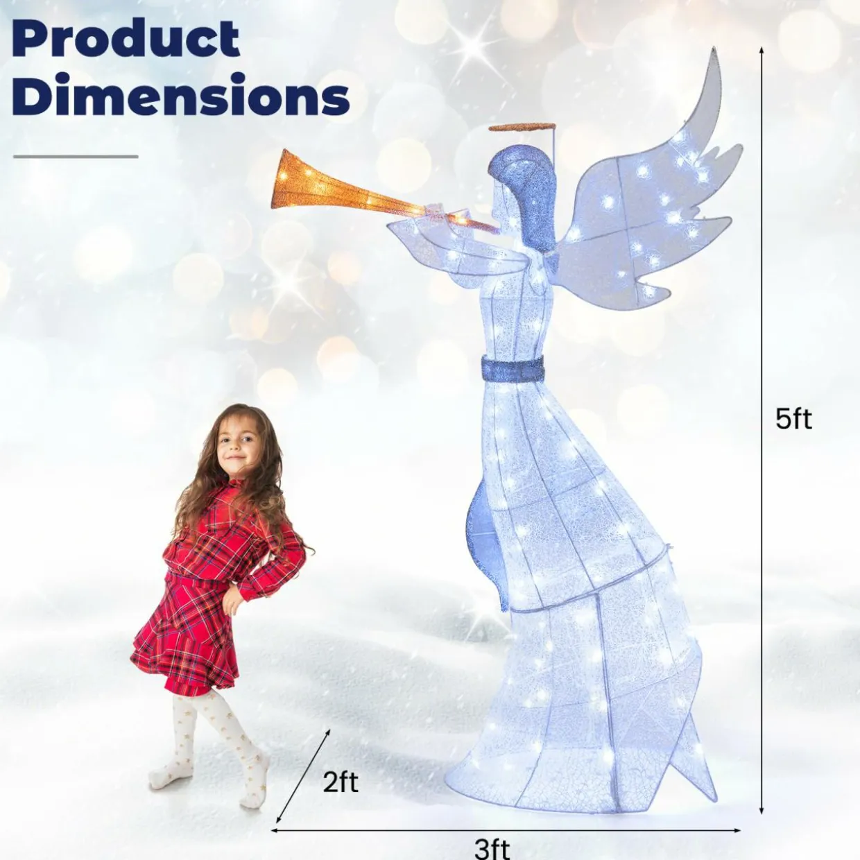 Tangkula 5 FT Christmas Lighted Angel with Trumpet, Outdoor Xmas Pre-Lit Angel with Halo