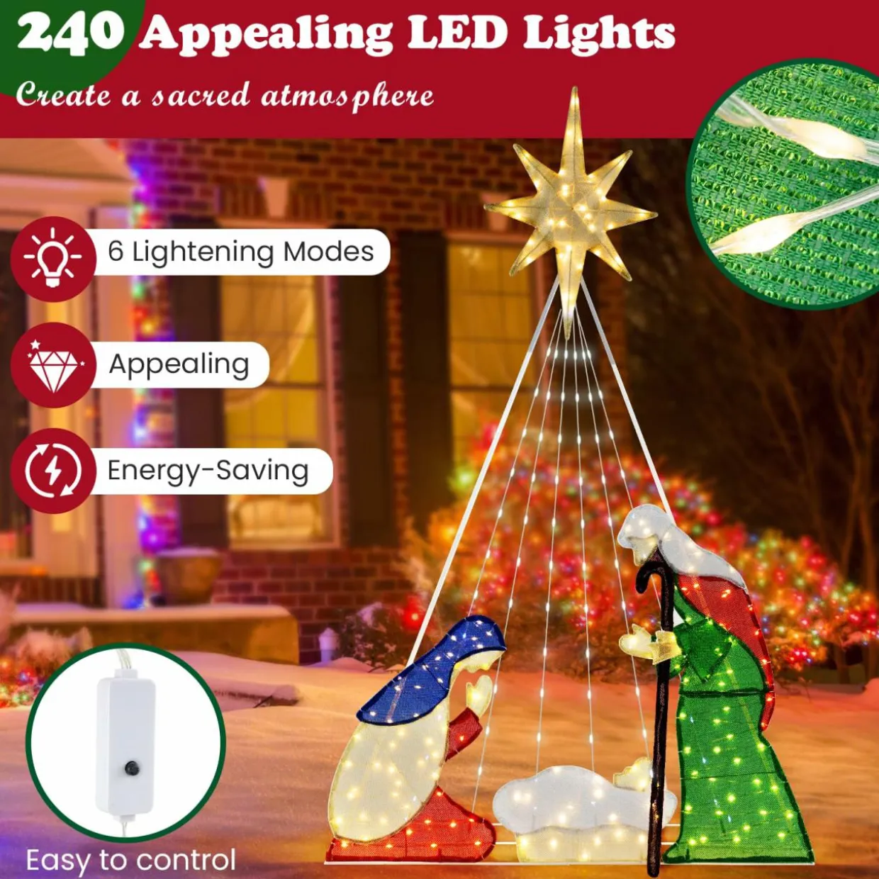 Tangkula 6 FT Christmas Lighted Nativity Scene Set, Pre-Lit Xmas Scene with 240 LED Lights