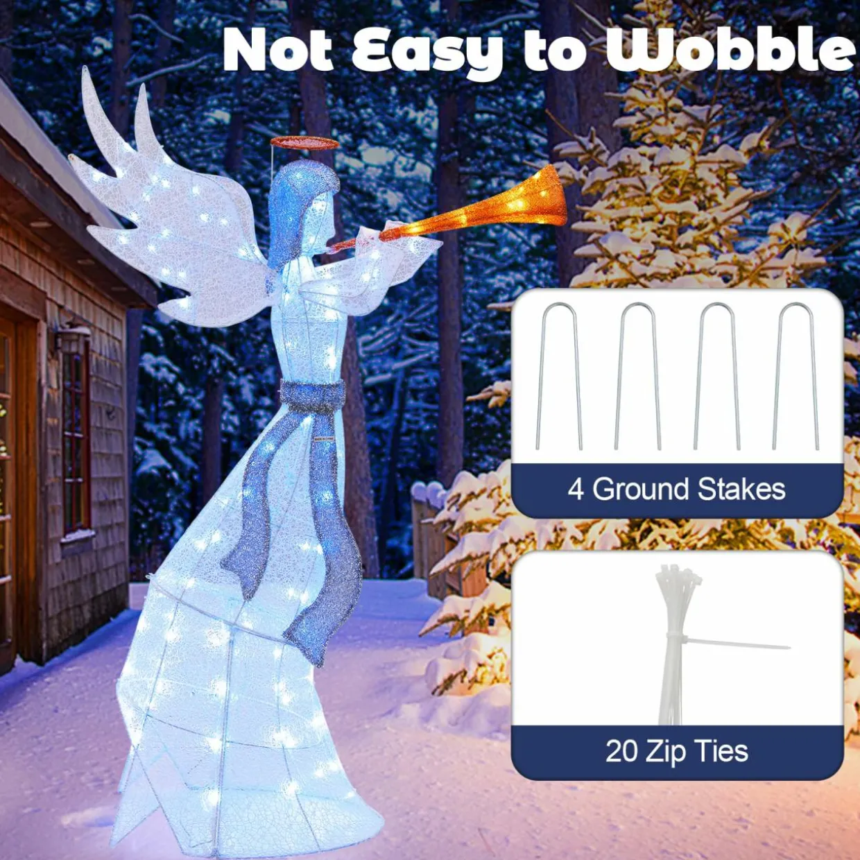 Tangkula 5 FT Christmas Lighted Angel with Trumpet, Outdoor Xmas Pre-Lit Angel with Halo