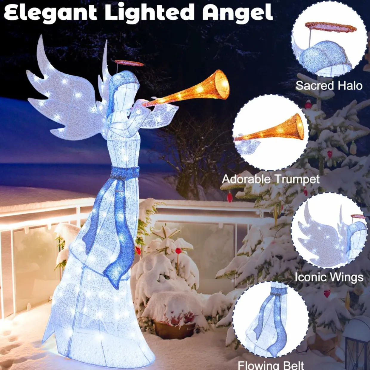Tangkula 5 FT Christmas Lighted Angel with Trumpet, Outdoor Xmas Pre-Lit Angel with Halo