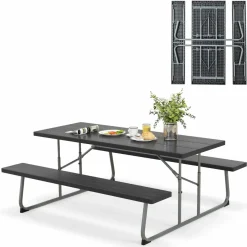 Tangkula 6 Ft Folding Picnic Table, Outdoor Picnic Table with 2 Built-in Benches, Umbrella Hole