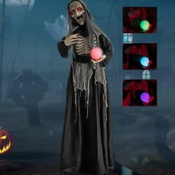 Tangkula 6 FT Halloween Animatronics Standing Witch, Talking Animated Wicked Witch with Light Up Eyes & Magical Ball