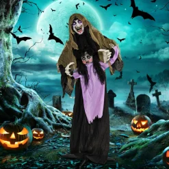 Tangkula 5.6 FT Halloween Animated Vampire with Creepy Doll, LED Eyes, Vocally Triggered Sound & Motion Effects