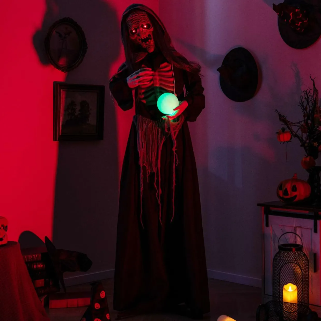 Tangkula 6 FT Halloween Animatronics Standing Witch, Talking Animated Wicked Witch with Light Up Eyes & Magical Ball