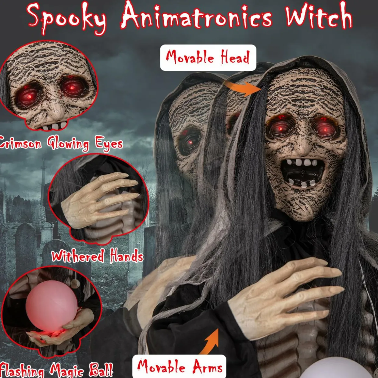 Tangkula 6 FT Halloween Animatronics Standing Witch, Talking Animated Wicked Witch with Light Up Eyes & Magical Ball