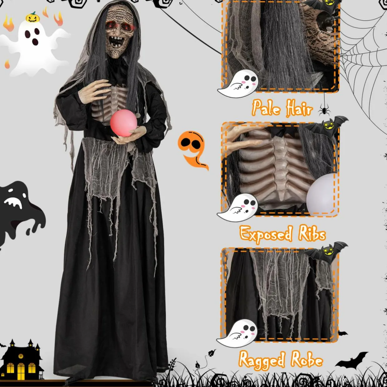 Tangkula 6 FT Halloween Animatronics Standing Witch, Talking Animated Wicked Witch with Light Up Eyes & Magical Ball
