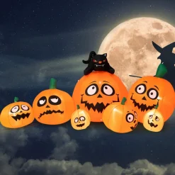 Tangkula 9.5 FT Halloween Inflatable Pumpkin Patch, 7 Pumpkins Family with Witches' Cat