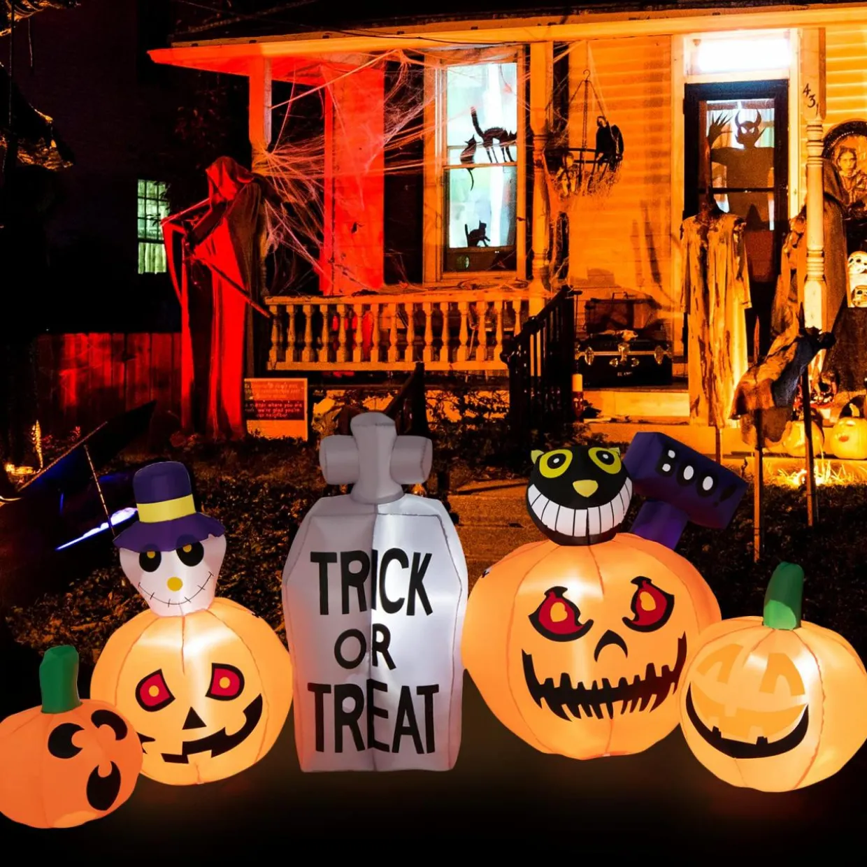 Tangkula 8 FT Halloween Inflatable Pumpkin Patch with Tombstone & Black Cat