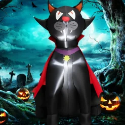 Tangkula 4.7 FT Halloween Inflatable Vampire Black Cat with Red Cloak, Blow-up Holiday Decoration with 2 Built-in LED Lights