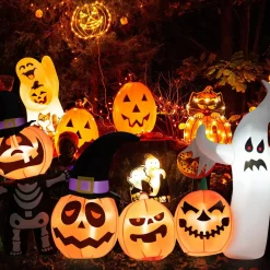Tangkula 7.5 FT Halloween Inflatable Pumpkin Patch with Ghost, Skeleton & Witches Hats