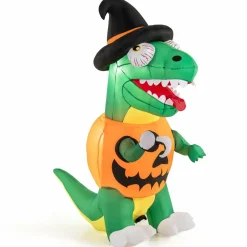 Tangkula 6 FT Halloween Inflatables Pumpkin Dinosaur with Witch Hat, Hook Hand & Built-in LED Lights
