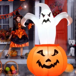 Tangkula 6 FT Halloween Inflatable Ghost in Pumpkin, Blow-up Ghost with Internally LED Bulb & Waterproof Fan