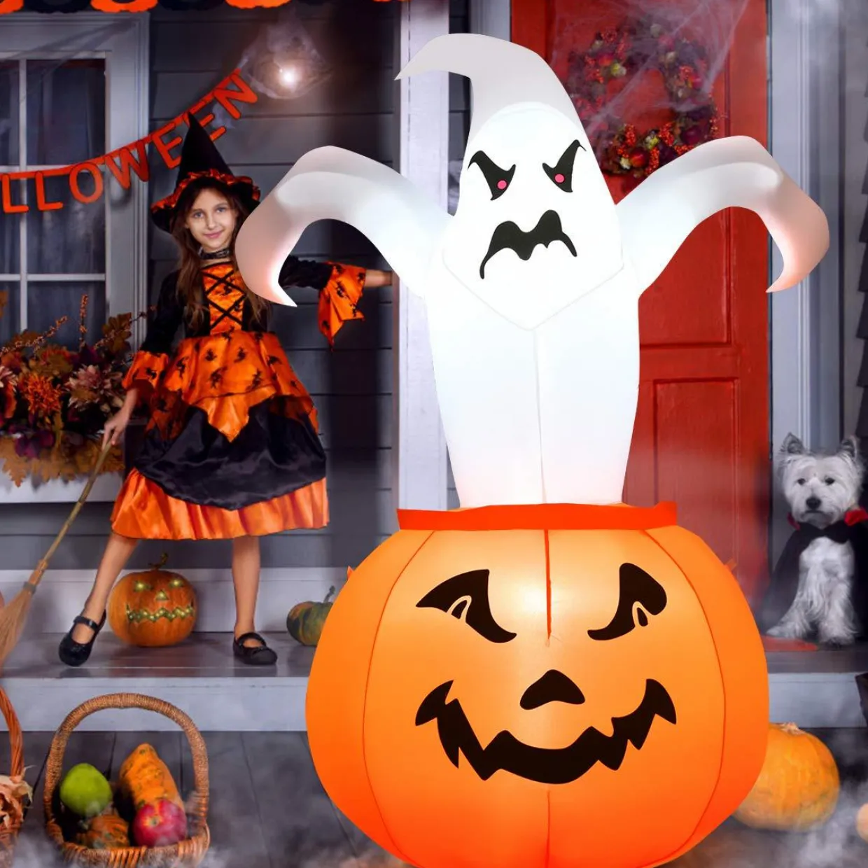 Tangkula 6 FT Halloween Inflatable Ghost in Pumpkin, Blow-up Ghost with Internally LED Bulb & Waterproof Fan