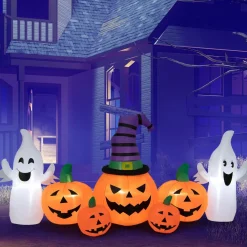 Tangkula 9 FT Halloween Inflatable Pumpkin Ghost, Spooky Lighted Holiday Decoration w/ Witch's Hat,