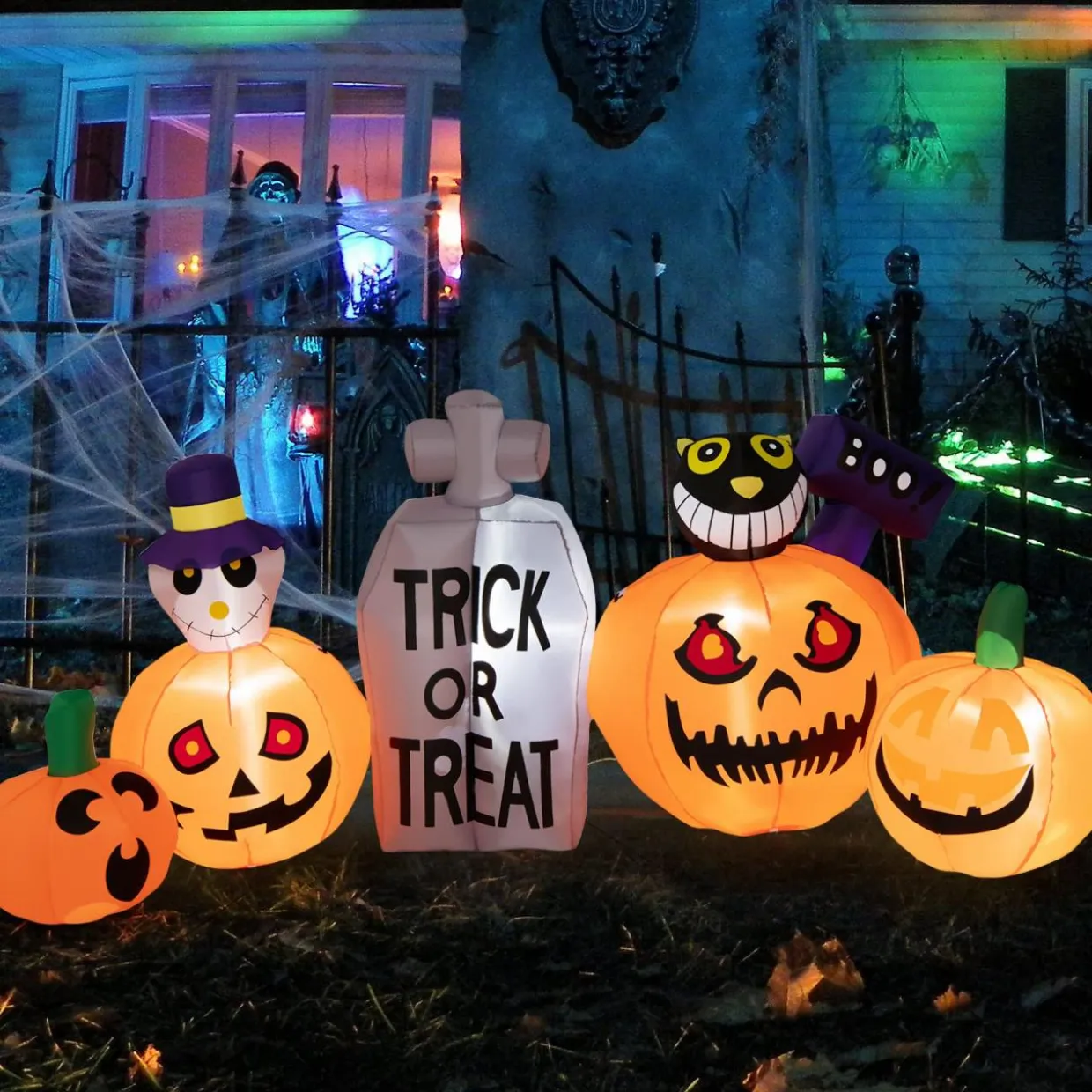 Tangkula 8 FT Halloween Inflatable Pumpkin Patch with Tombstone & Black Cat
