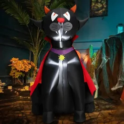 Tangkula 4.7 FT Halloween Inflatable Vampire Black Cat with Red Cloak, Blow-up Holiday Decoration with 2 Built-in LED Lights