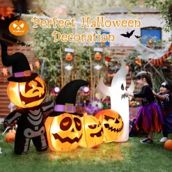 Tangkula 7.5 FT Halloween Inflatable Pumpkin Patch with Ghost, Skeleton & Witches Hats