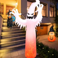 Tangkula 12 FT Halloween Inflatable Ghost W/ Rotating Flame LED Lights, Air Blower, Stake, Sandbag