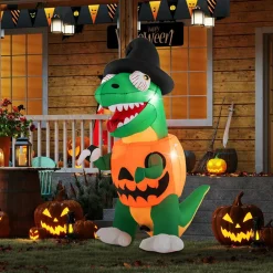 Tangkula 6 FT Halloween Inflatables Pumpkin Dinosaur with Witch Hat, Hook Hand & Built-in LED Lights
