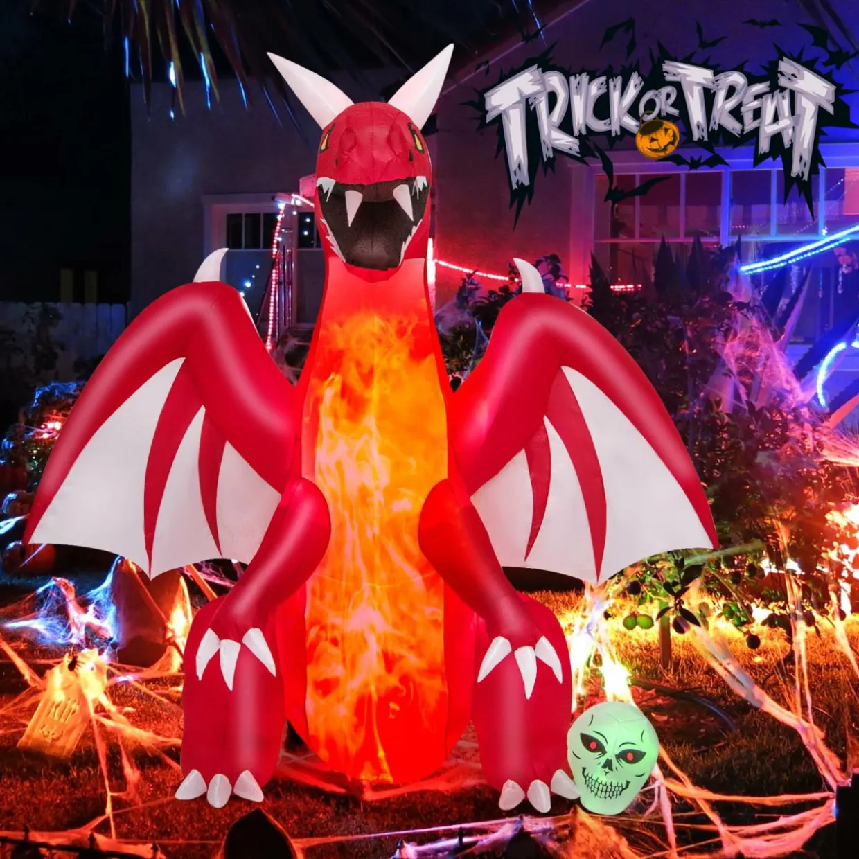 Tangkula 8 FT Halloween Inflatable Fire Dragon, Blow-up Red Dragon