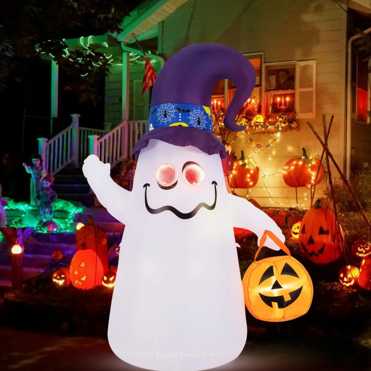 Tangkula 6 FT Halloween Inflatable Cute Ghost with Jack-O-Lantern