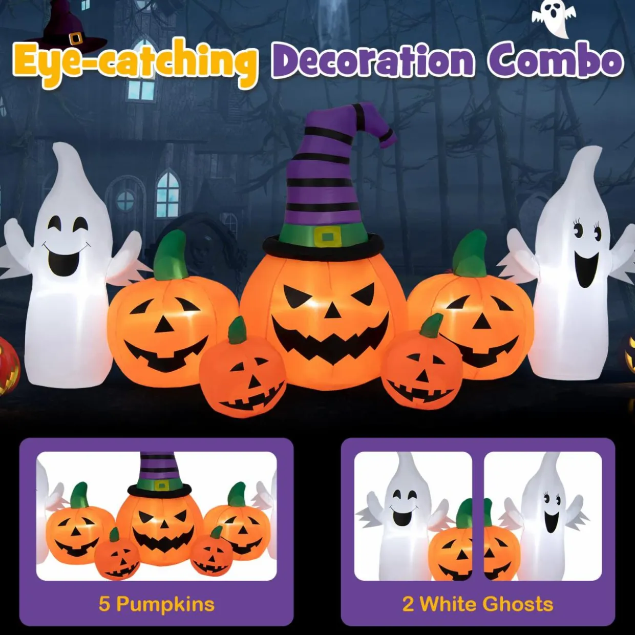 Tangkula 9 FT Halloween Inflatable Pumpkin Ghost, Spooky Lighted Holiday Decoration w/ Witch's Hat,