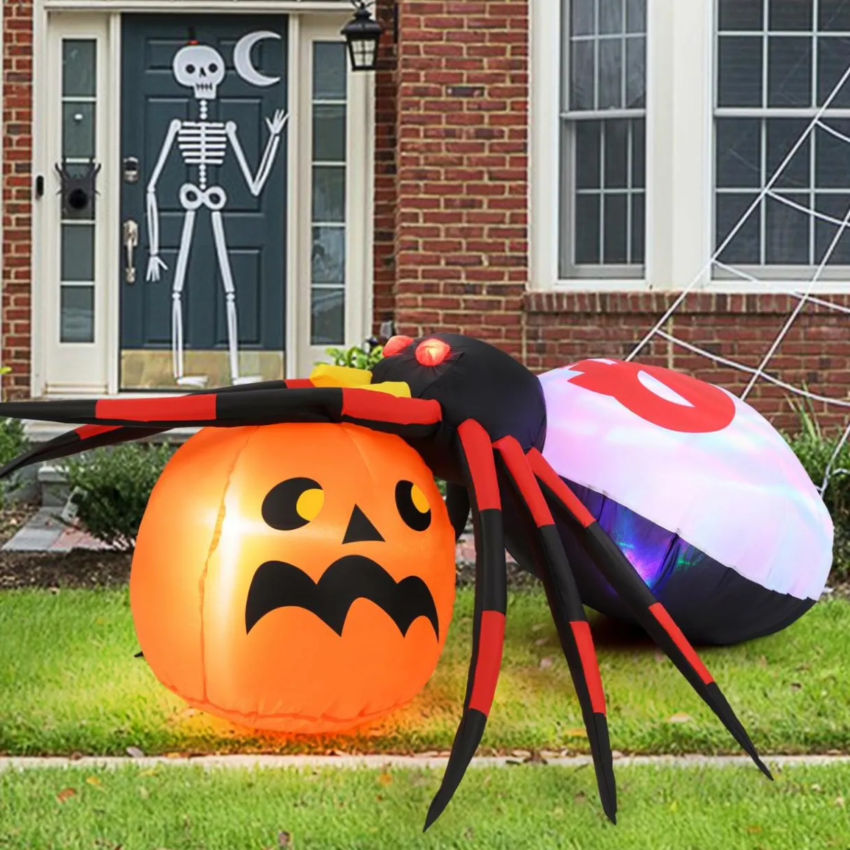 Tangkula 5 FT Halloween Inflatable Spider with Pumpkin, LED Lighted Halloween Decoration with Colorful Rotating Light