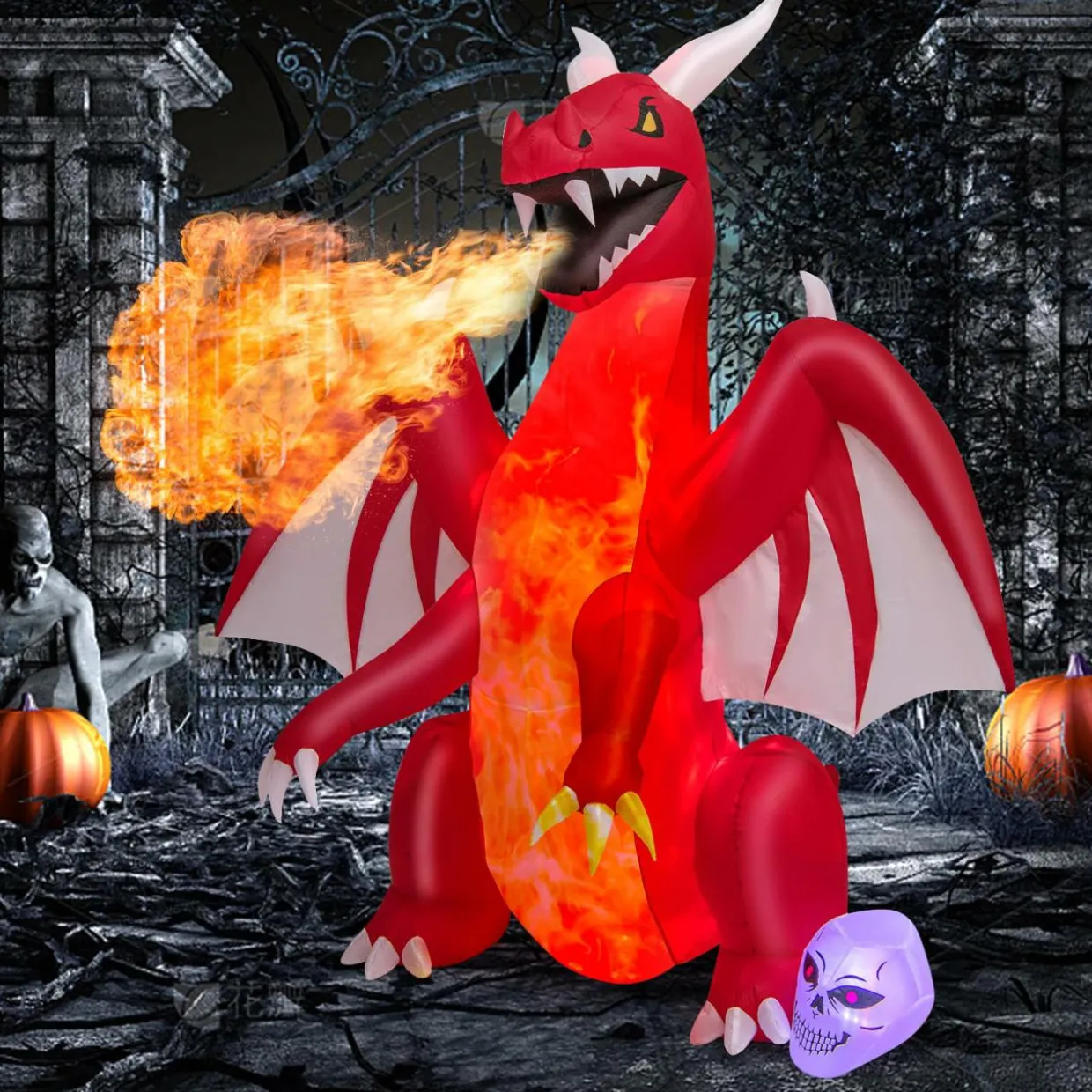 Tangkula 8 FT Halloween Inflatable Fire Dragon, Blow-up Red Dragon