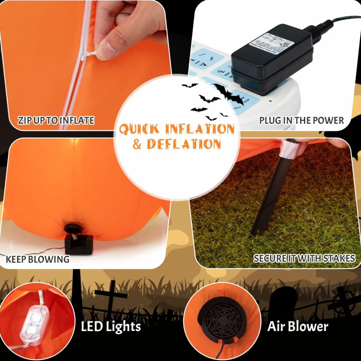 Tangkula 9.5 FT Halloween Inflatable Pumpkin Patch, 7 Pumpkins Family with Witches' Cat