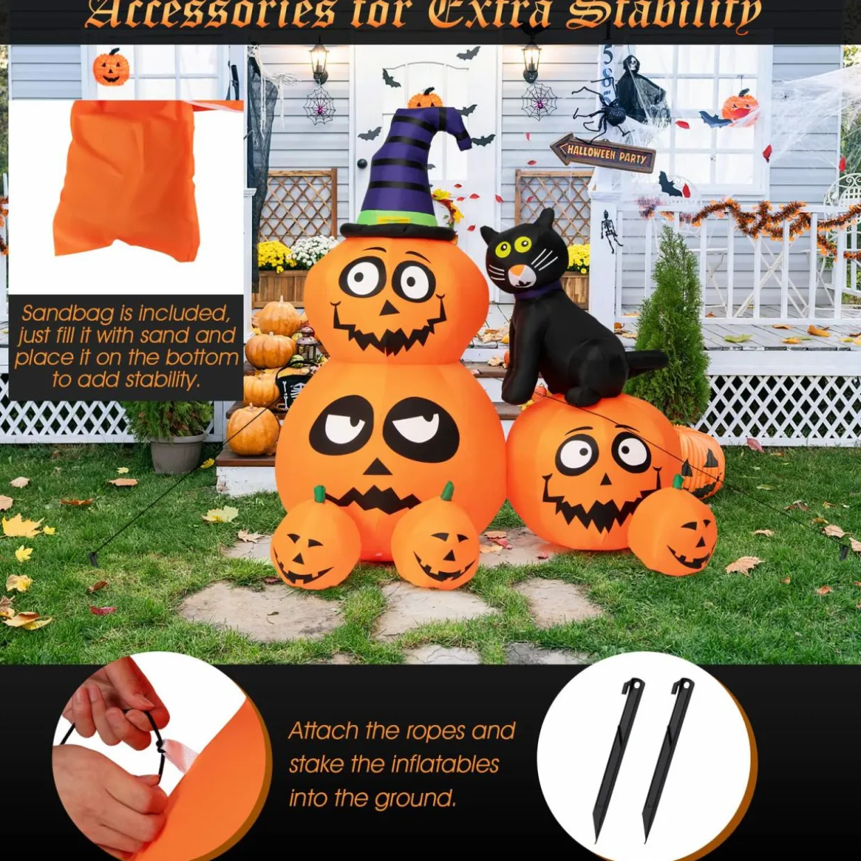 Tangkula 6 FT Halloween Inflatable Pumpkin Patch with Black Witch's Cat