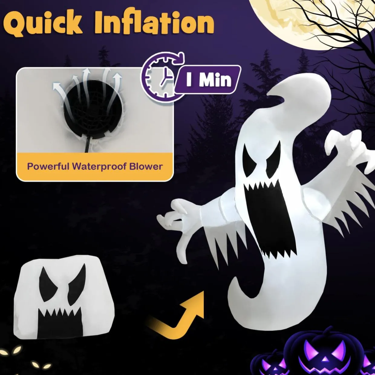 Tangkula 5 FT Halloween Inflatable Ghost, Blow-up Hanging Decoration with 2 Built-in LED Lights & Powerful Blower