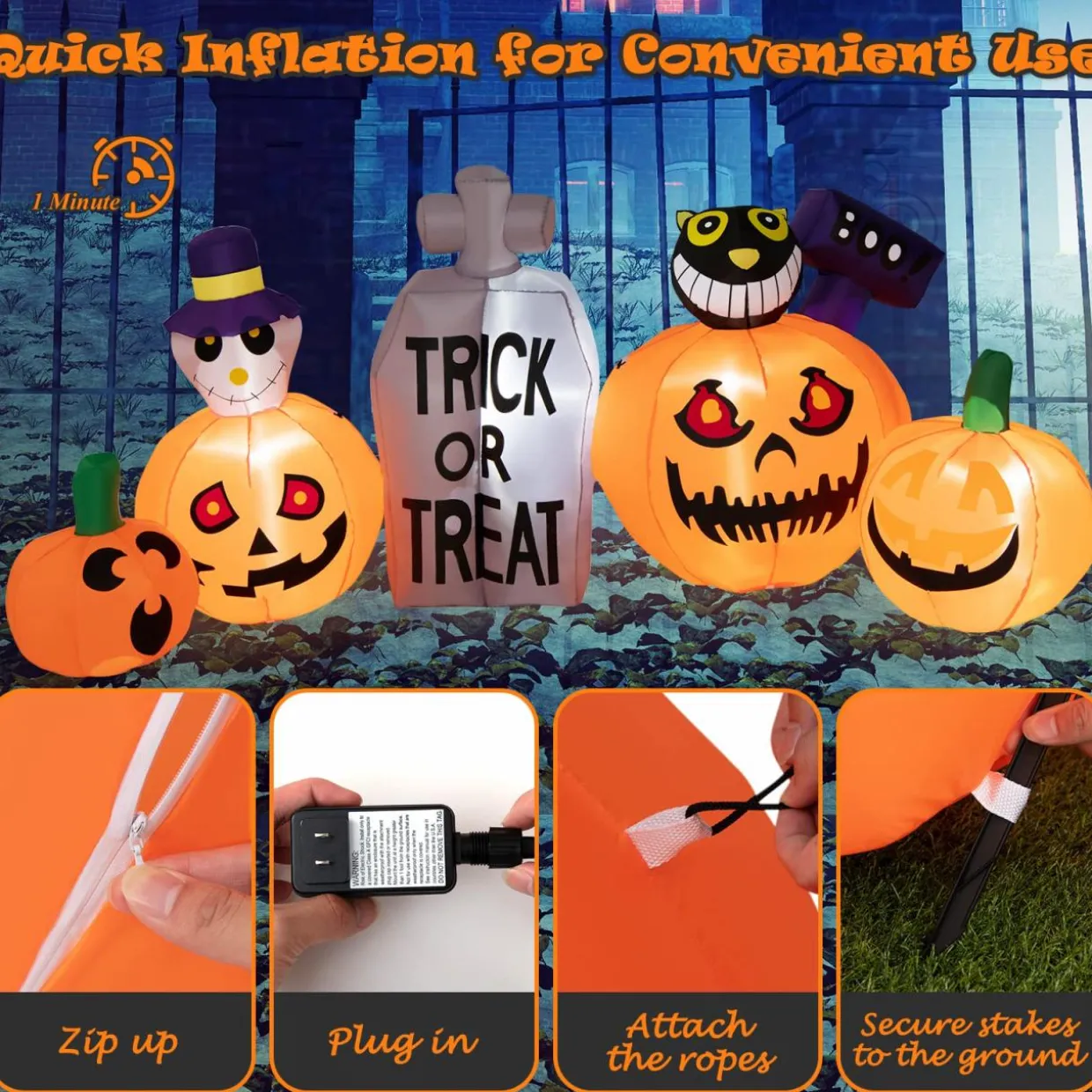 Tangkula 8 FT Halloween Inflatable Pumpkin Patch with Tombstone & Black Cat