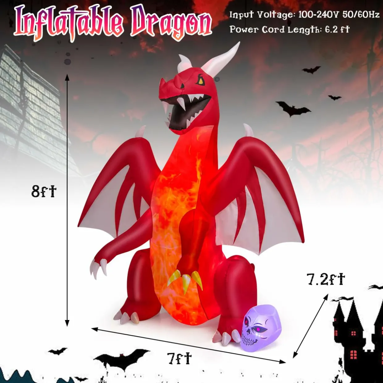 Tangkula 8 FT Halloween Inflatable Fire Dragon, Blow-up Red Dragon