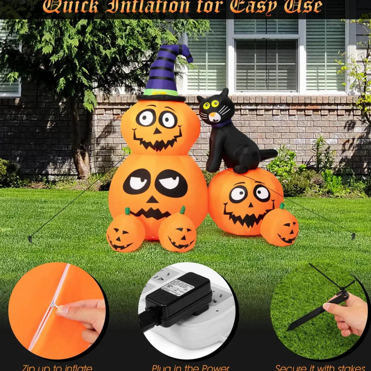 Tangkula 6 FT Halloween Inflatable Pumpkin Patch with Black Witch's Cat