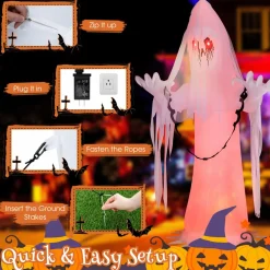 Tangkula 8 FT Halloween Inflatable Ghost, Blow-up Haunting Ghost Bride with Flame LED Light